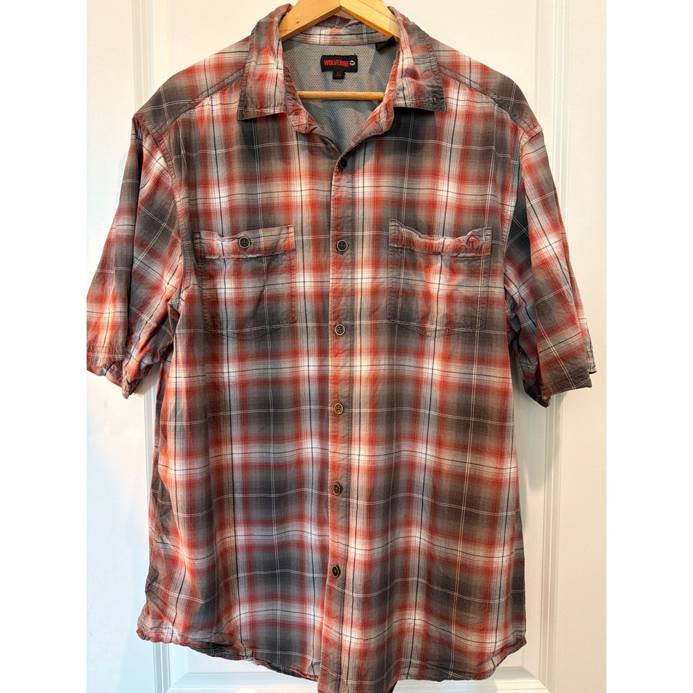 Wolverine Mens XLT Plaid Short Sleeve Button Down Shirt Red Grey Cotton Modal